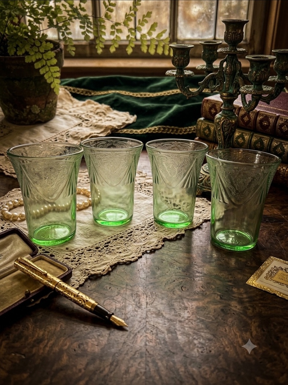 Vintage Green Uranium Depression Glass Tumblers Set of 4 Royal Lace Pattern